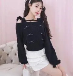 Honey Cinnamon ビジューリボンオフショルニット　ブラック　リボン