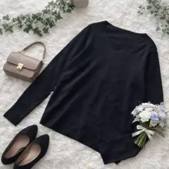 エヌドット ꕤ 総針Vネック長袖ニット Vネック ブラックM シンプル 洗える