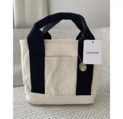 トートバッグ 小さめ　帆布 トートバッグ キャンバス3つ仕切り 軽量 白x黒