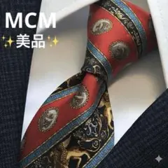 【美品】MCM ネクタイ 高級 シルク 総柄 レッド イタリア製