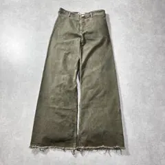 ZARA フレアデニムパンツ カーキ 裾フリンジ 40 ワイドシルエットのサムネイル