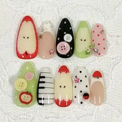 No.67 ネイルチップ 平成 グランジ りんご ボタン 春ネイル