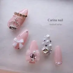 4662 ジェルネイルチップ 量産型 定番 白リボン クラウン王冠 ワンホン