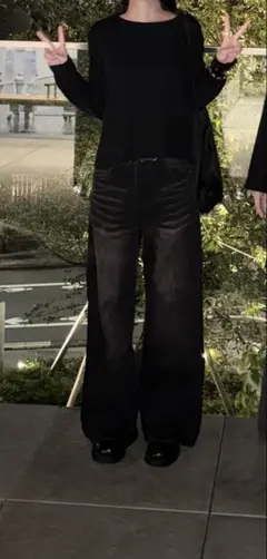 ブラック ワイドレッグデニムパンツ S