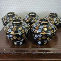 美濃焼ルリ夏目春秋むし碗金彩桜紅葉模様蓋付き茶碗蒸し小鉢5客セット