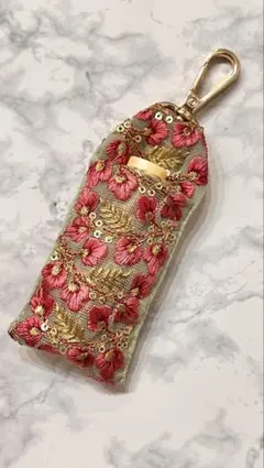 ハンドメイド　インド刺繍リボン　リップケース　印鑑ケース
