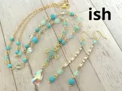 【C145】ishアクアマリン・十字架チャームネックレス＆ピアス