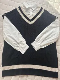 ネイビーアイボリー ニットベスト M