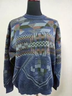 幾何学模様 ニットセーター 青系
