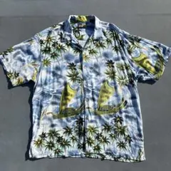 90s THUMS UP カヌー×カジキ 浮世絵 和柄調 レーヨン アロハシャツのサムネイル