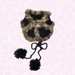 ♥ハンドメイド ハートイヤーマフ 黒×ヒョウ柄 編み物 ♥