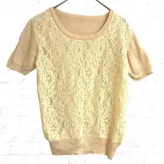 スクープネック 半袖 サマーニット 裾袖口リブ レース パフスリーブ ガーリー