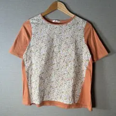 【⁠アイボリービーズ】小花柄切り替えTシャツオレンジ綿100%(M L)