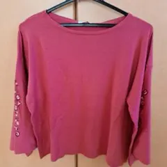 フレアー袖刺繍入りニットプルオーバー、PINK