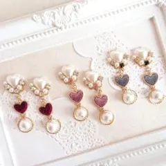 ハートパールとコーデュロイハートとビジューピアスNo.443