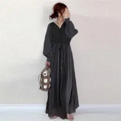 ♣♥♠♦新品未使用！七分袖フリル装飾ゆったりロング丈ワンピース osharewalker ロングワンピース レディース 長袖 マキシ丈