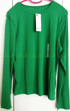 新品未使用タグ付き　ジーユー　ソフトリブクルーネックT　長袖　ＸＬ　グリーン