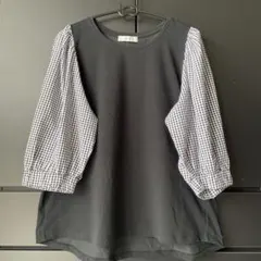 any FAM黒カットソー生地×白のギンガムチェック生地バルーンスリーブトップス