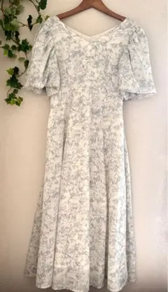 ＊GRL＊花柄 半袖 ボリューム袖 後リボン フレア ロングワンピース