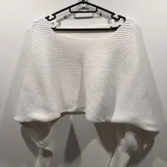 リブ編みホワイトバルーン袖ニット、短丈