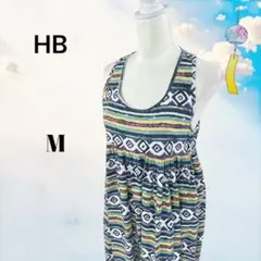 HB ノースリーブ　ロングワンピース　エスニック柄【M】ネイビー系マルチ