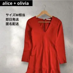 アリスアンドオリビア　ワンピース　赤　レッド　フレア　長袖　レディース　Vネック