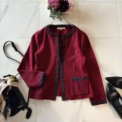 NO.7-313 HANAE MORI ツイードジャケット　毛　ノーカラー赤38のサムネイル