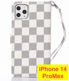 iPhone 14 ProMaxケース 手帳型 【白】おしゃれ チェック柄