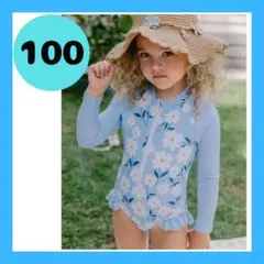 100cm キッズ　女の子 ラッシュガード 長袖 花柄 水色 韓国 水着