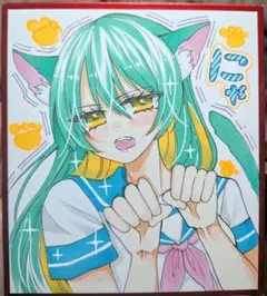原画】手描き アナログ オリジナルイラスト 猫耳 制服 コピック 色紙