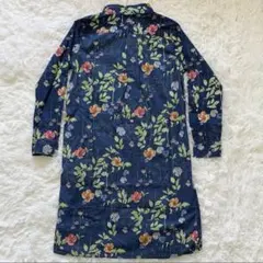 新品 レイカズンロングシャツ 花柄MLフリーサイズ ネイビー紺シャツワンピース