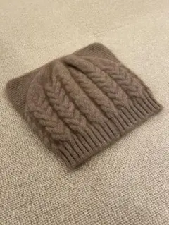 猫耳 カシミヤ・ウール ケーブル編み ニット帽 ベージュ モンゴル製