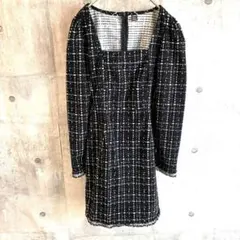 【SHEIN】ツイード スクエアネック ミニワンピース M 黒系 フリンジ