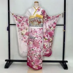 振袖フルセット 白色 成人式 正絹 草履バック付 裄64.5cm S-163