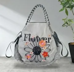 【新品】刺繍エコバッグ　花柄　ショルダーストラップ付き グレー系、Mサイズ