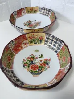 有田焼 陶扇 菊割皿 2枚セット 錦絵 皿 和皿 金彩色絵 赤絵 古伊万里