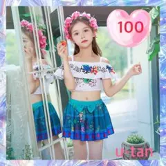 ♡新入荷♡水着 ビキニ フラワー 蝶 キッズ 女の子 青緑 100