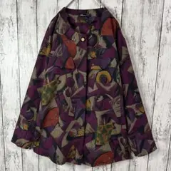 【ノーカラー総柄ポリシャツ】長袖シャツ☆レトロ☆アート☆M 紫
