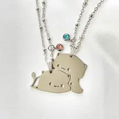 ゆるねこペアネックレス｜ライトストーン付き｜ステンレス製