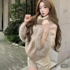 新品 SHEIN タートルネック ケーブルニット 袖ファー ベージュ
