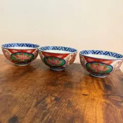 お茶碗色絵 碗 中国茶器富貴長春 色絵 金彩 染錦 3客セット 時代物
