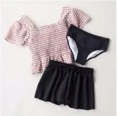 ベージュピンク ギンガムチェック水着3点セット