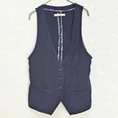 【シュカ】麻混 リネン Vネック ベスト ジレ M ネイビー 花柄裏地
