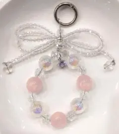 ハンドメイド バッグチャーム ストラップ リボン ビーズ ピンク