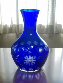 昭和 레트로 青色 ガラス 花瓶 フラワーベース 花柄 カットガラス