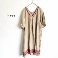【shuca】麻100% クロスステッチ刺繍 リネンワンピース ベージュ L