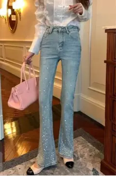 ビジューデニムフレアパンツ[at2310]