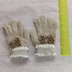 ベージュ フリース手袋 リボン付き