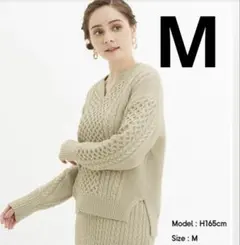 GU ケーブルキーネックセーター　M ナチュラル