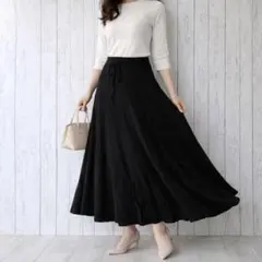 ミラオーウェン リブフレアスカート ロング 黒 ベルト付 美シルエット 春夏